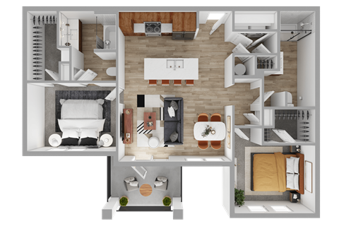 Floor plan for 2 beds, 2 baths, 987 sqft